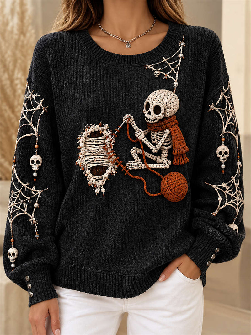 Women's Halloween Black Skeleton Knitting Cobweb Skull Print Round Neck Long Sleeve Sweater