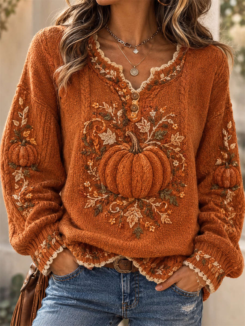 Women's Thanksgiving Orange Pumpkin Floral Print Notch V Neck Long Sleeve Sweater
