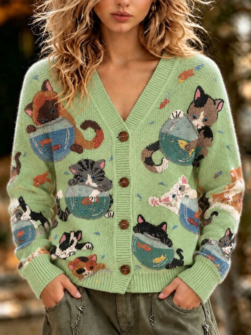 Women's Green Cat Fishbowl Print V Neck Long Sleeve Cardigan