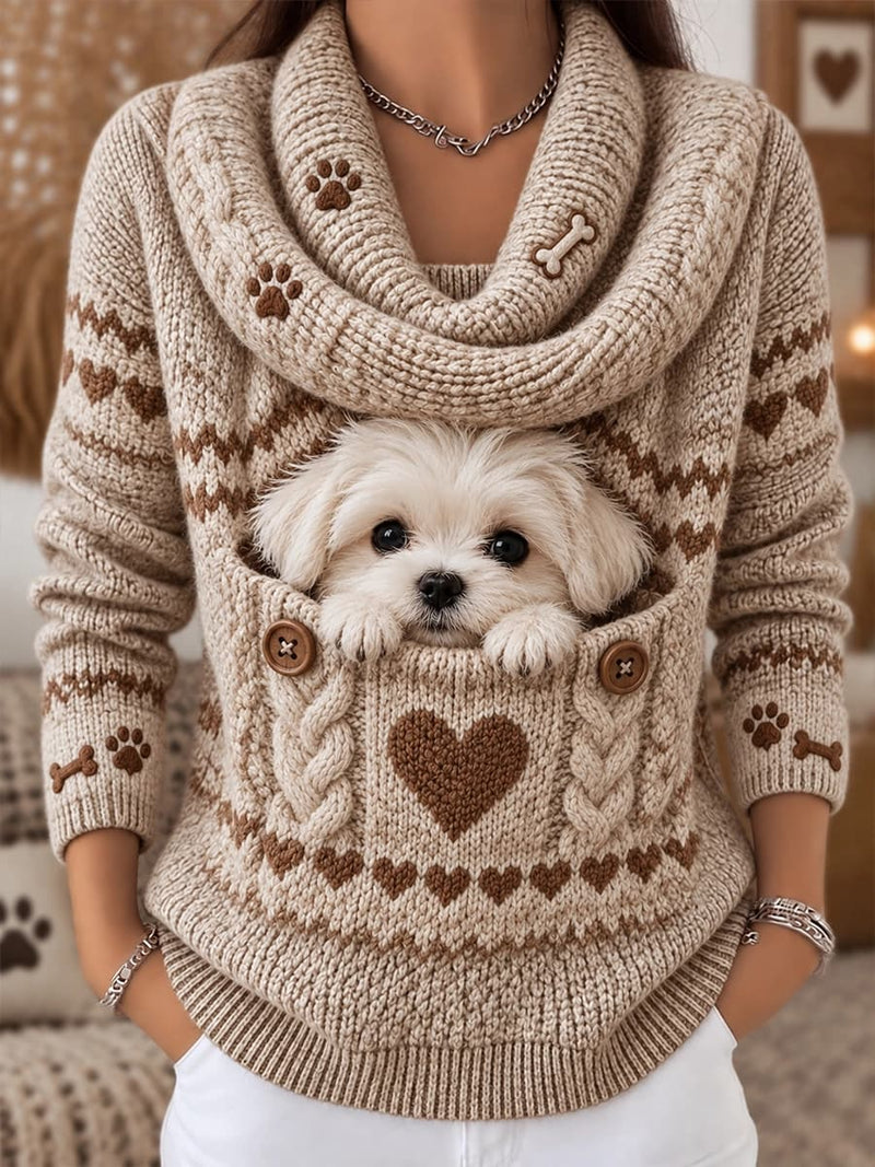 Women's Khaki Cute Puppy Pocket Heart Paw Print Cowl Neck Long Sleeve Sweater