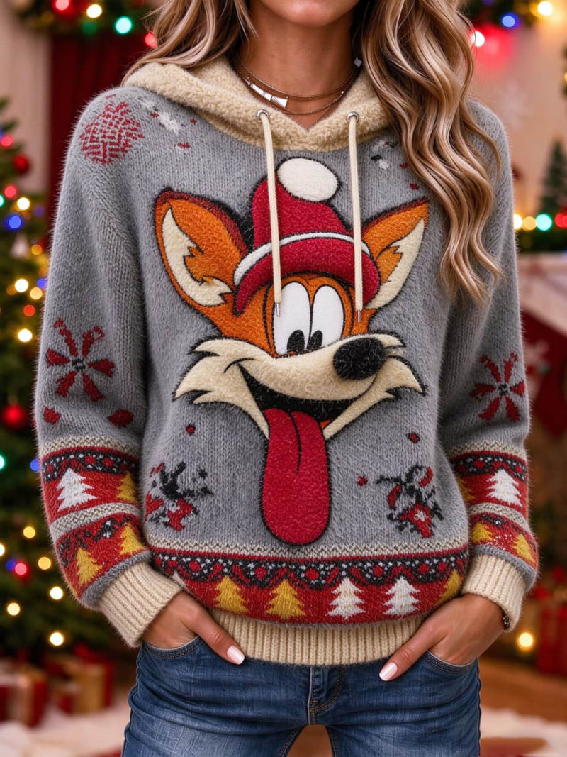 Women's Christmas Grey Fox Snowflake Tree Print Hooded Long Sleeve Sweater
