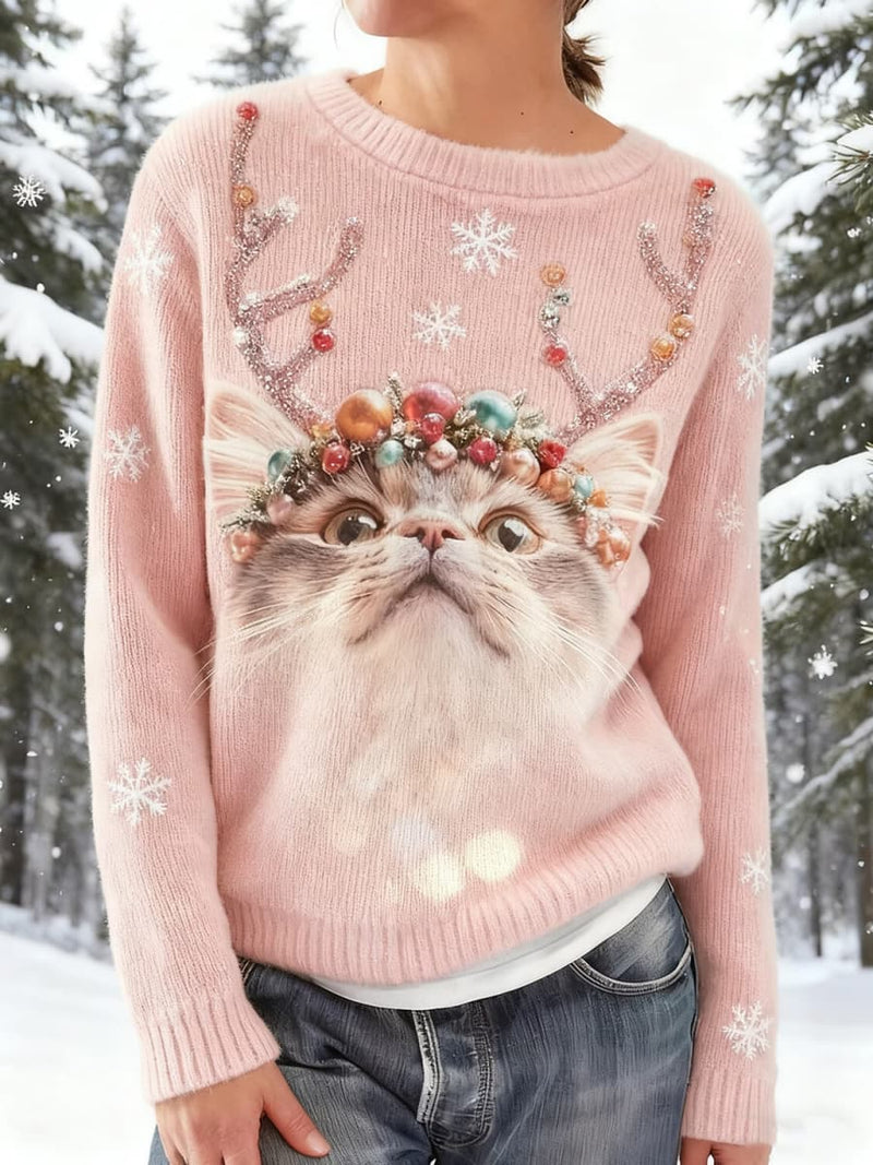 Women's Christmas Pink Cat Antler Snowflake Print Round Neck Long Sleeve Sweater