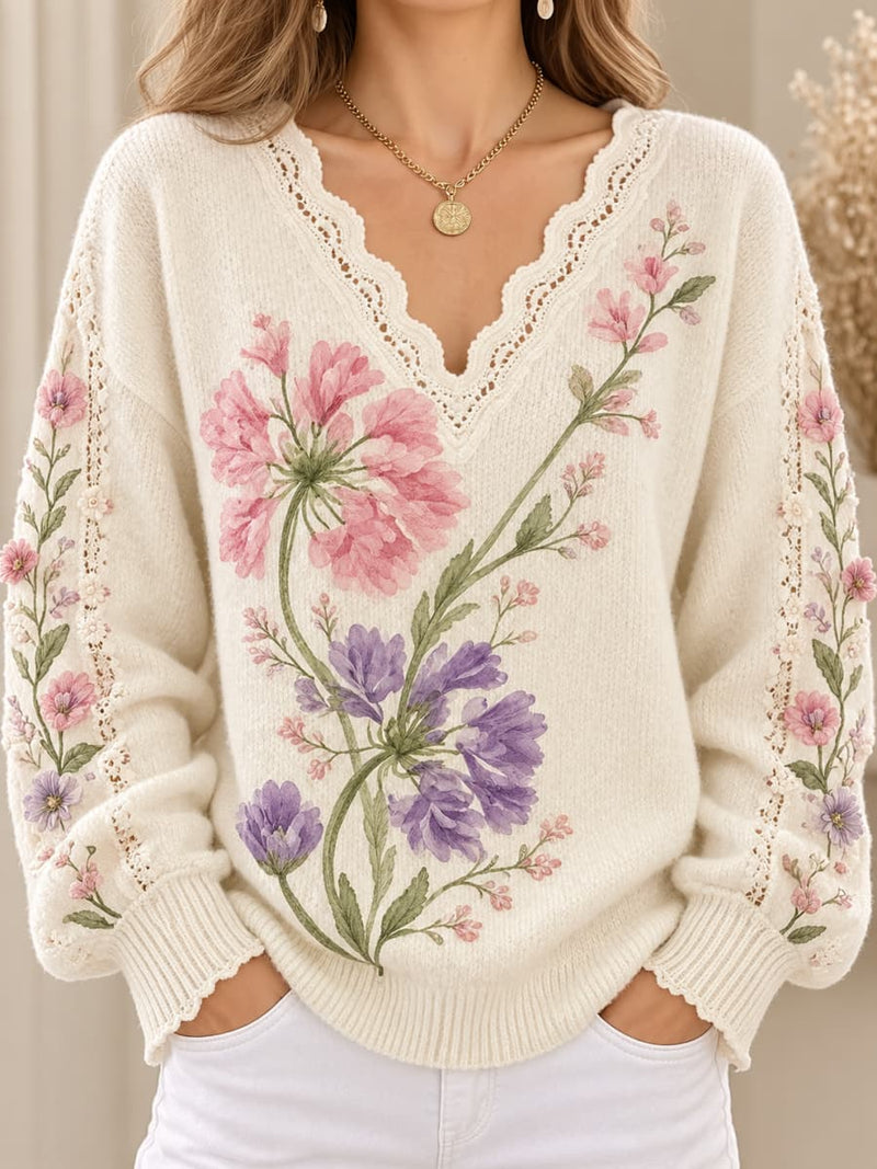 Women's Off White Colorful Floral Print Wavy V Neck Long Sleeve Sweater