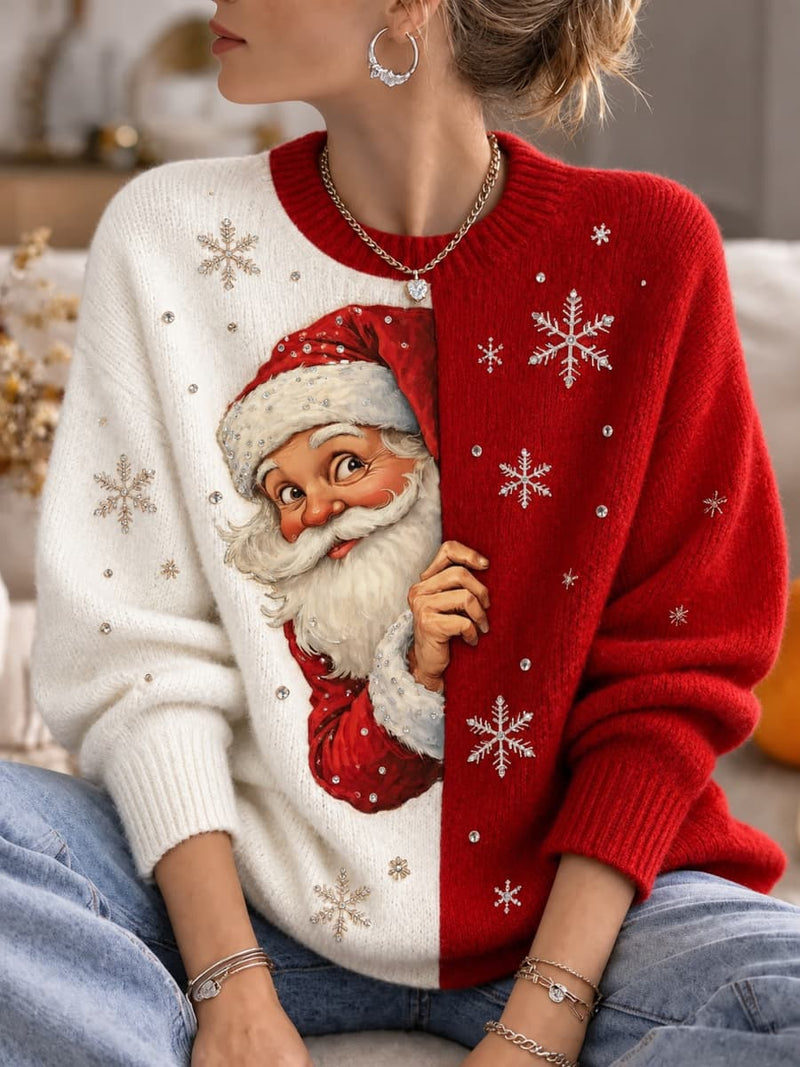 Women's Christmas Red White Color Block Santa Snowflake Print Round Neck Long Sleeve Sweater