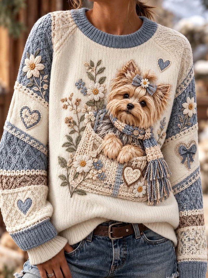 Women's Cream Blue Yorkie Dog Floral Heart Patchwork Round Neck Long Sleeve Sweater