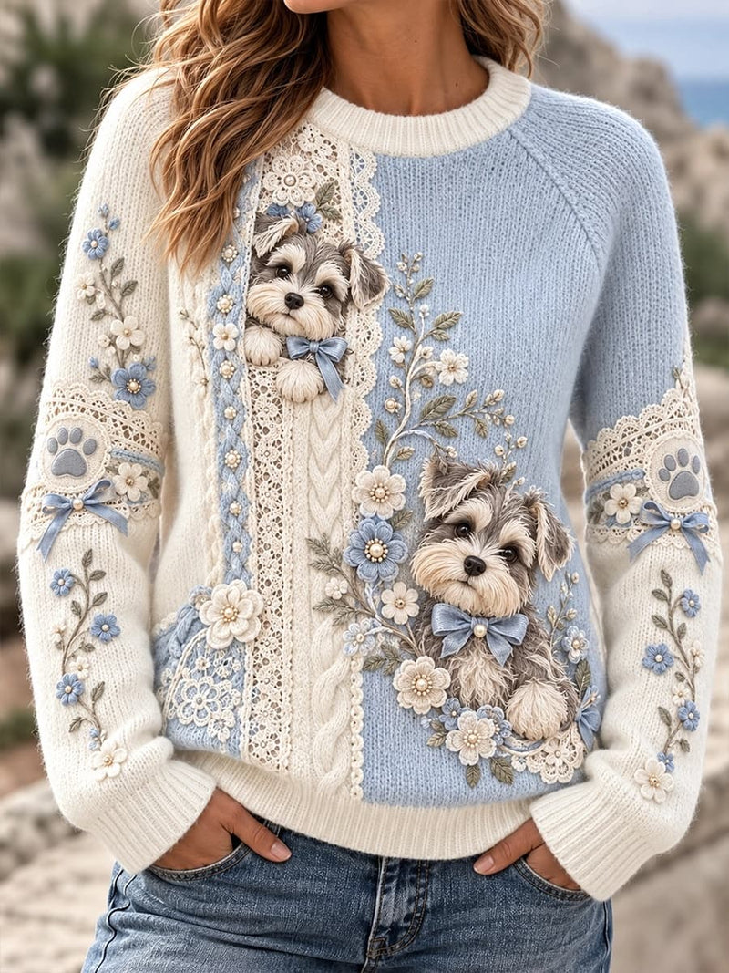 Women's Cream Blue Schnauzer Dog Floral Lace Round Neck Long Sleeve Sweater