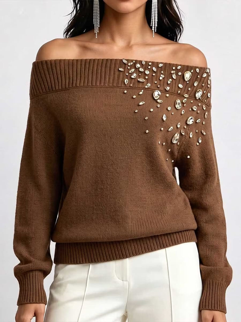 Women's Brown Off Shoulder Long Sleeve Sweater