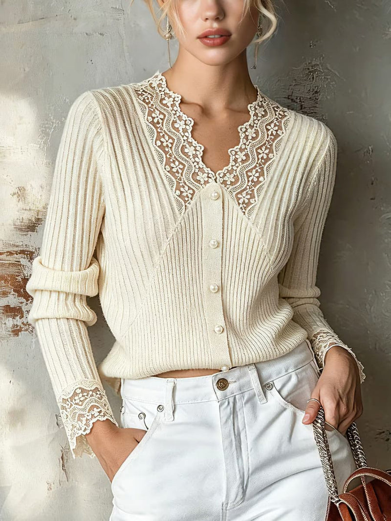 Women's Cream Lace V Neck Button Front Long Sleeve Sweater