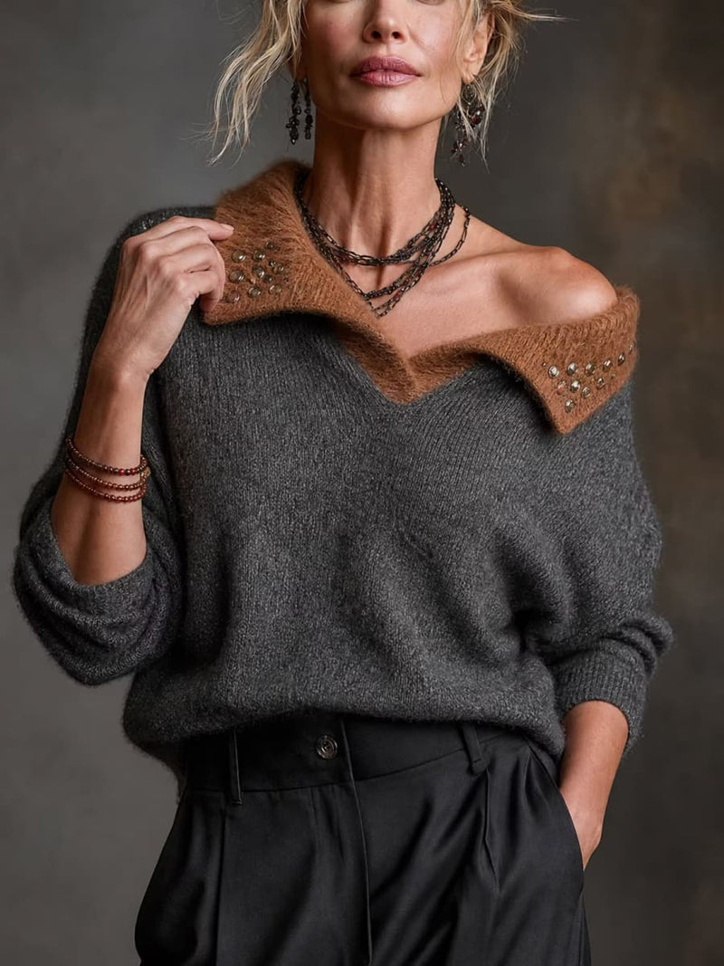 Women's Dark Grey Color Block Lapel Off Shoulder Long Sleeve Sweater