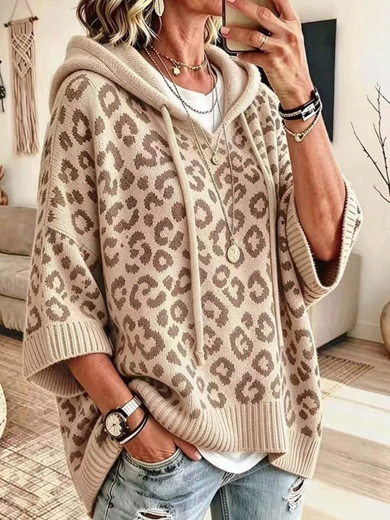 Women's Apricot Leopard Print V Neck Drawstring Hooded 3/4 Sleeve Sweater