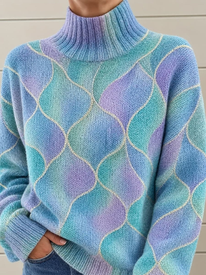 Women's Multi Gradient Geometric Pattern Turtleneck Long Sleeve Sweater