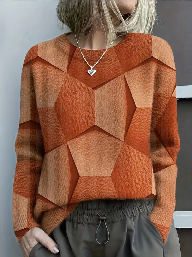 Women's Orange Color Block Geometric Round Neck Long Sleeve Sweater
