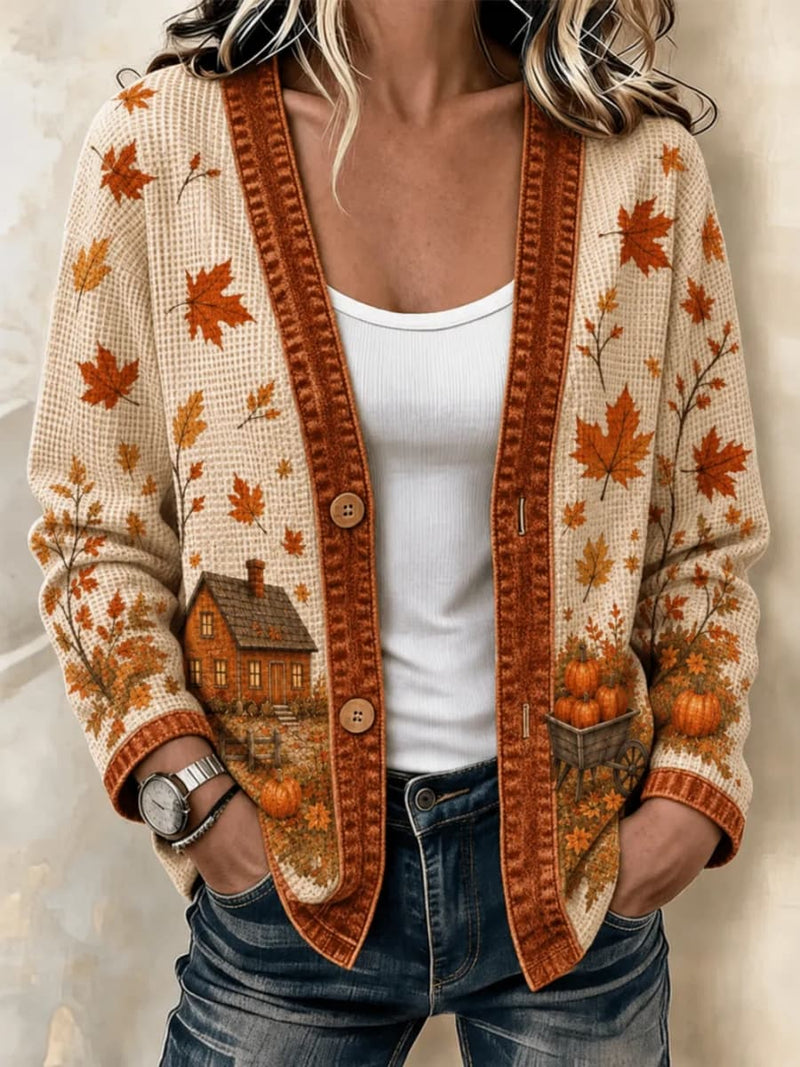 Women's Thanksgiving Apricot Maple Leaf House Pumpkin Print V Neck Long Sleeve Cardigan