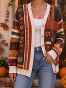 Women's Thanksgiving Multi Pumpkin Coffee Cup Floral Print V Neck Long Sleeve Cardigan