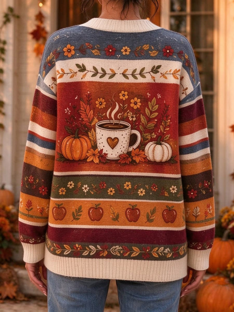Women's Thanksgiving Multi Pumpkin Coffee Cup Floral Print V Neck Long Sleeve Cardigan