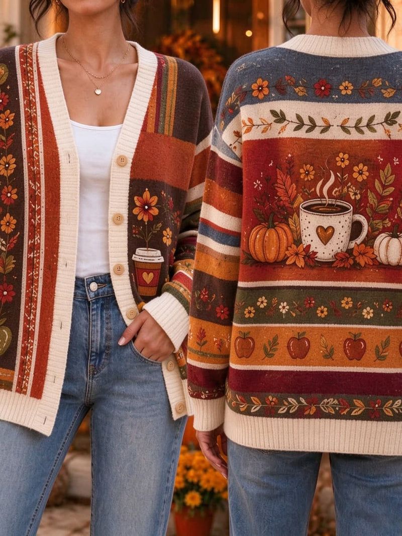 Women's Thanksgiving Multi Pumpkin Coffee Cup Floral Print V Neck Long Sleeve Cardigan