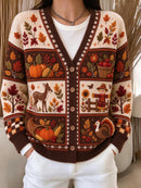 Women's Thanksgiving Brown Cream Turkey Deer Pumpkin Print V Neck Long Sleeve Cardigan