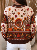 Women's Thanksgiving Brown Cream Turkey Deer Pumpkin Print V Neck Long Sleeve Cardigan