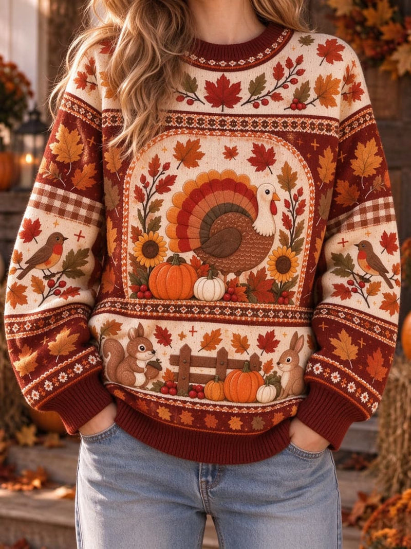 Women's Thanksgiving Cream Burgundy Turkey Maple Leaf Squirrel Print Round Neck Long Sleeve Sweater