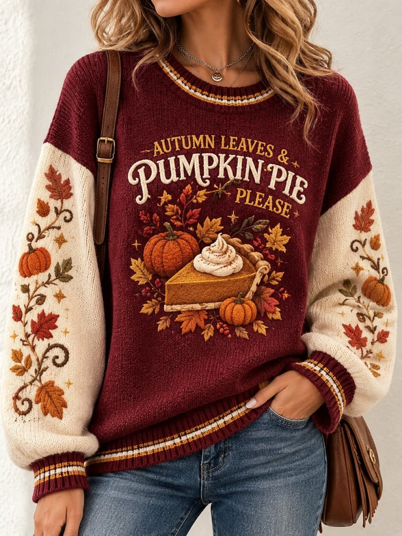 Women's Thanksgiving Burgundy Cream Pumpkin Pie Letter Print Round Neck Long Sleeve Sweater