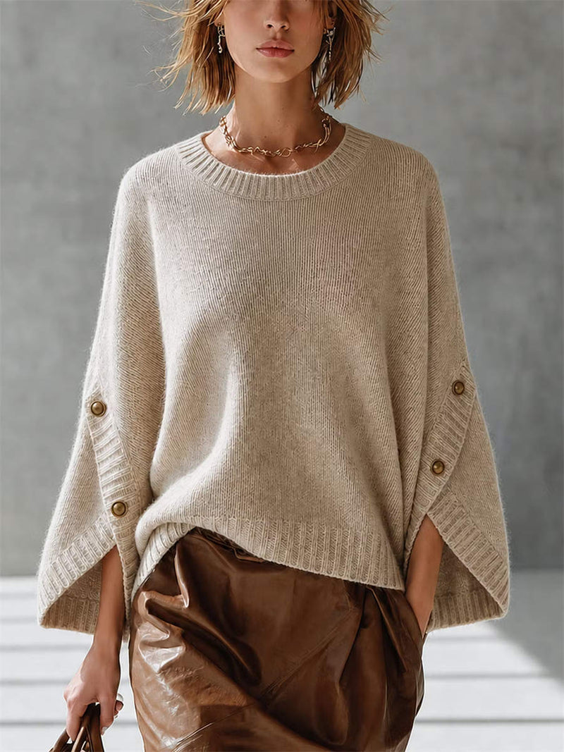 Women's Oatmeal Button Detail Round Neck Long Sleeve Sweater