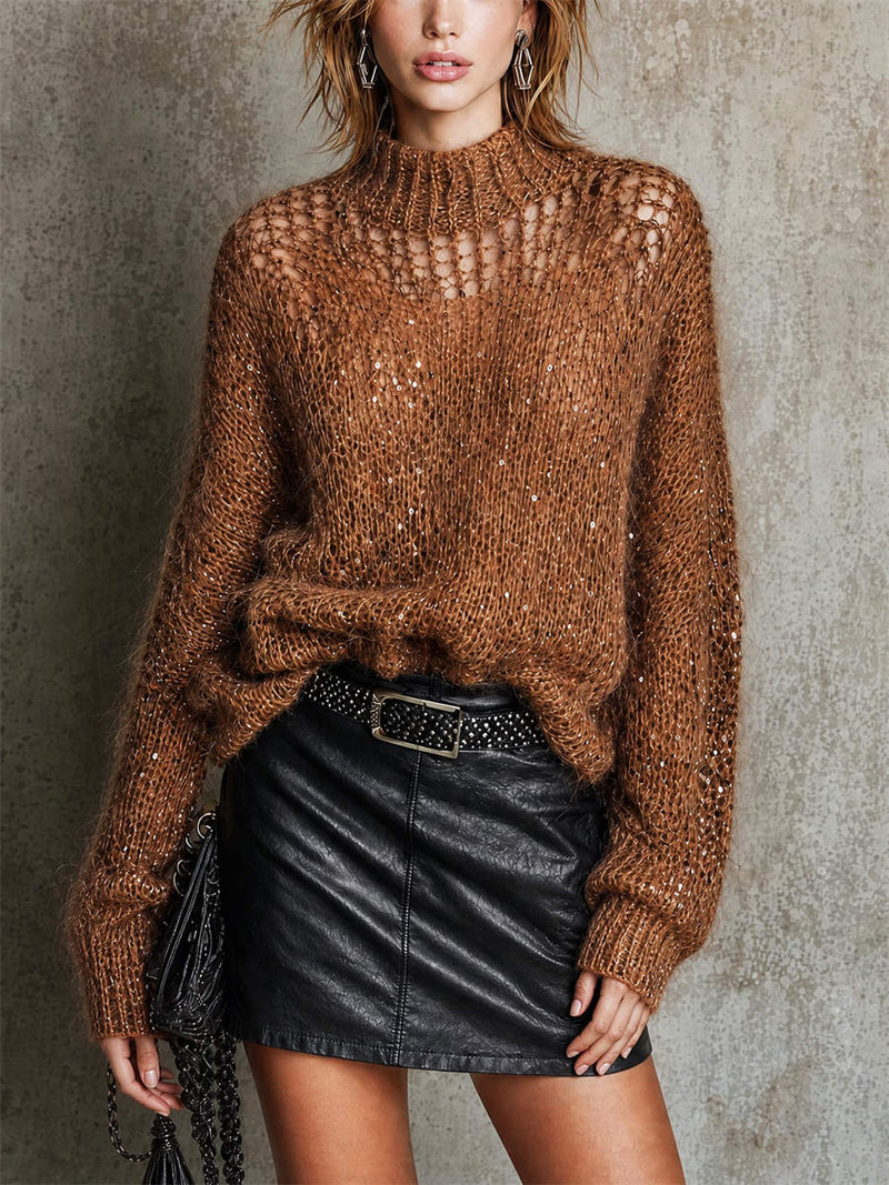 Women's Caramel Hollow Out Turtleneck Long Sleeve Sweater