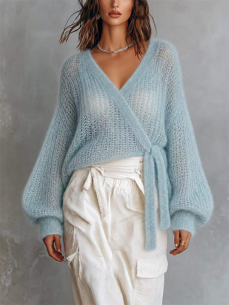 Women's Light Blue Wrap V Neck Tie Side Long Sleeve Sweater