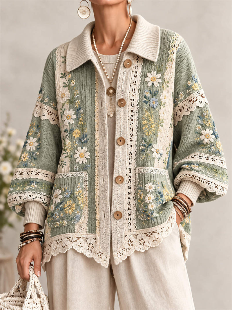 Women's Sage Green Floral Lace Print Lapel Collar Long Sleeve Cardigan