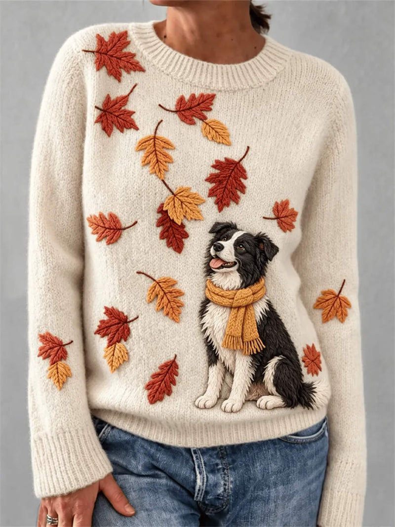 Women's Cream Border Collie Maple Leaf Print Round Neck Long Sleeve Sweater