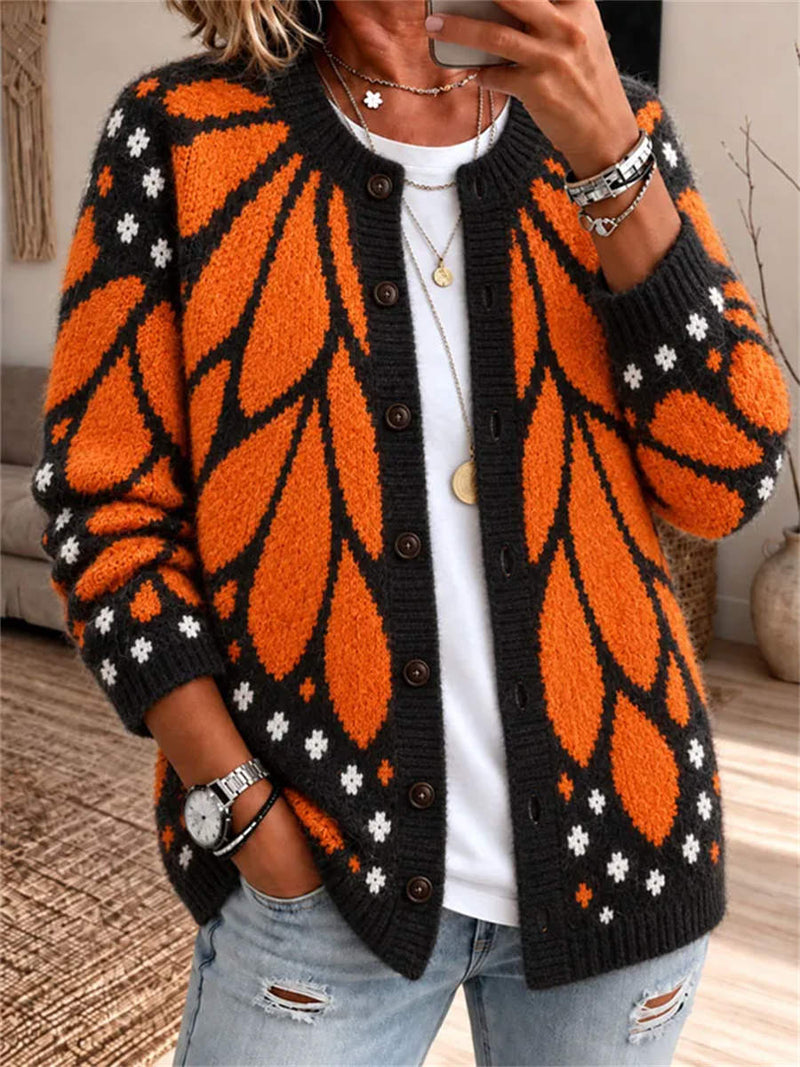 Women's Black Orange Butterfly Print Round Neck Long Sleeve Cardigan