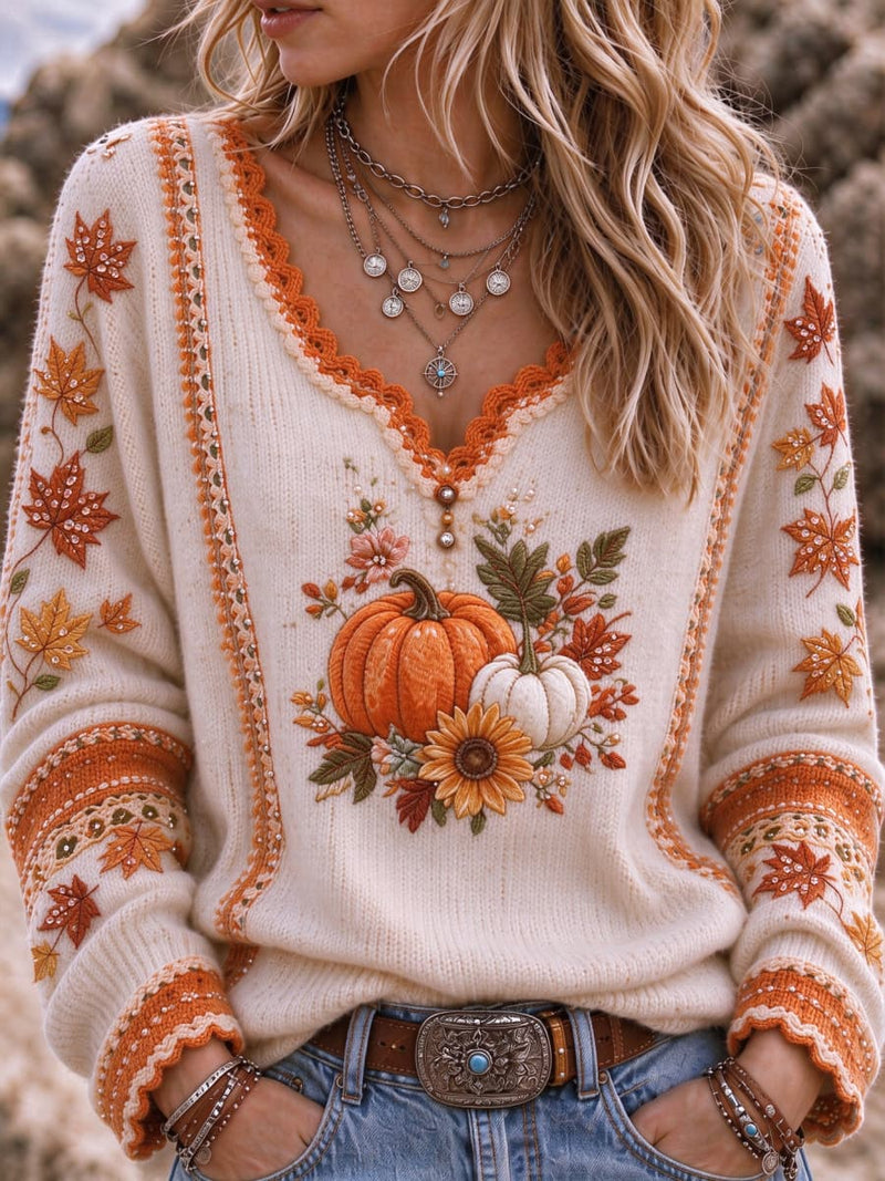 Women's Thanksgiving Cream Pumpkin Maple Leaf Floral Print Scalloped V Neck Long Sleeve Sweater