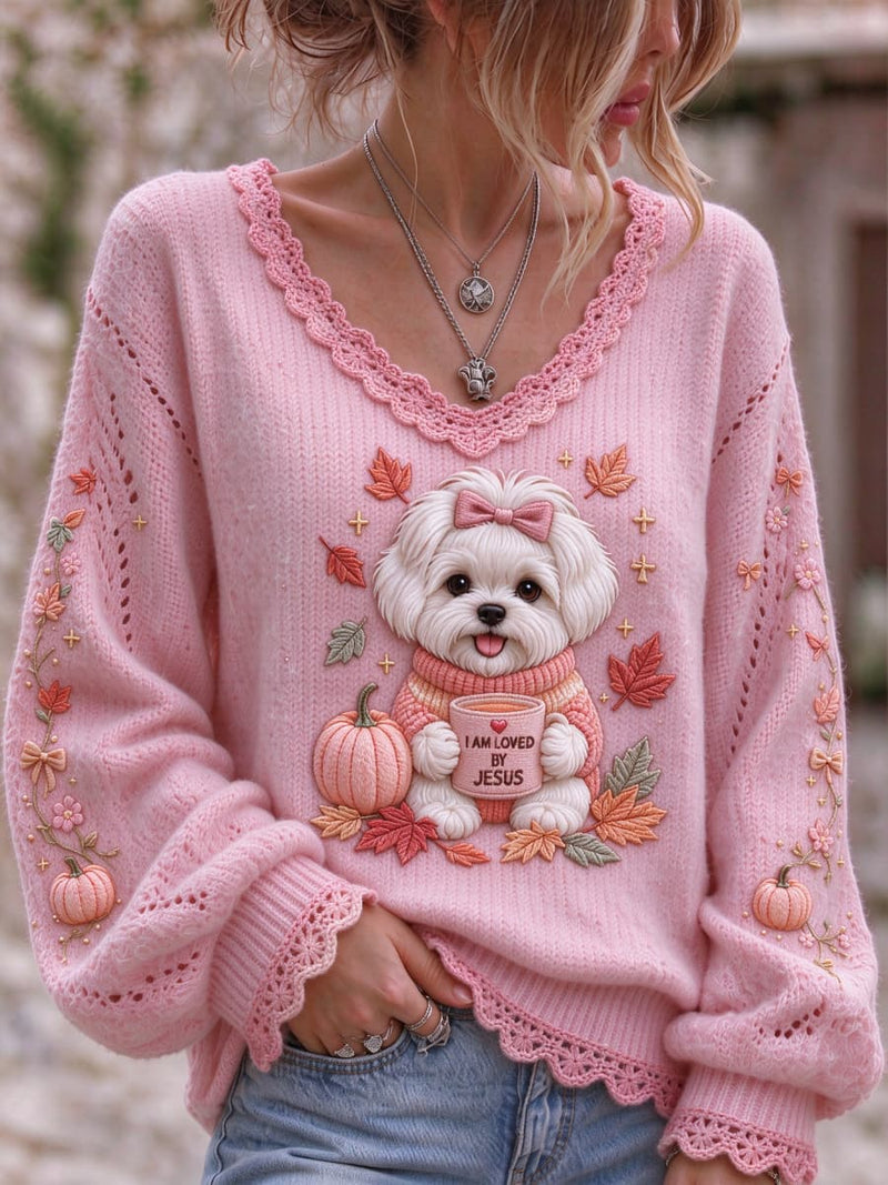 Women's Thanksgiving Pink Cute Dog Pumpkin Maple Leaf Print V Neck Long Sleeve Sweater