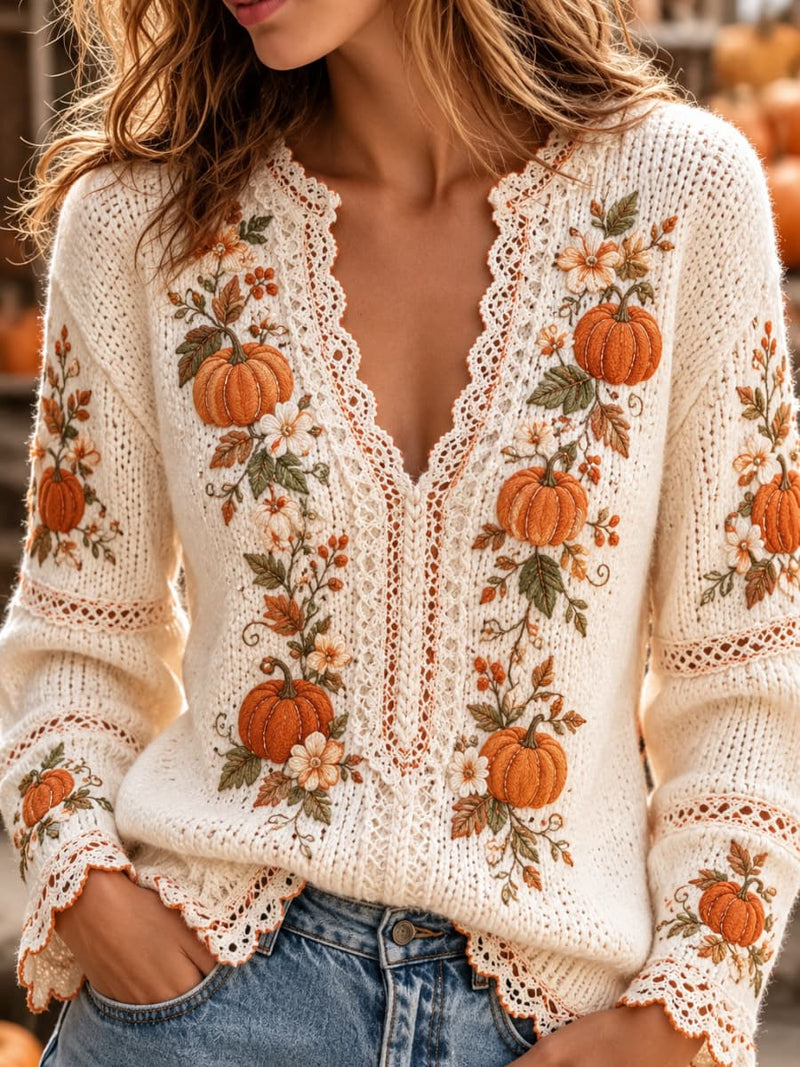 Women's Thanksgiving Cream Pumpkin Floral Print Hollow Lace V Neck Long Sleeve Sweater