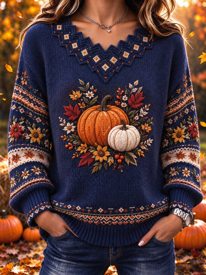 Women's Thanksgiving Navy Pumpkin Sunflower Fair Isle Print Geometric V Neck Long Sleeve Sweater