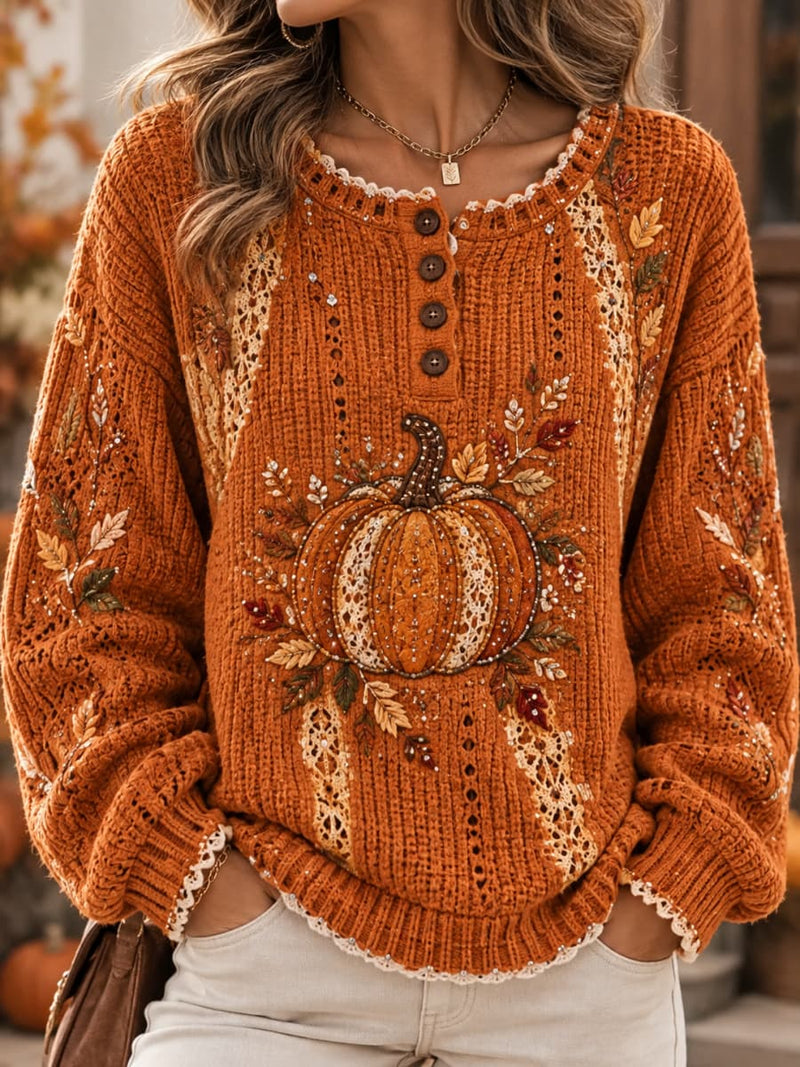 Women's Thanksgiving Orange Pumpkin Leaf Hollow Print Henley Round Neck Long Sleeve Sweater
