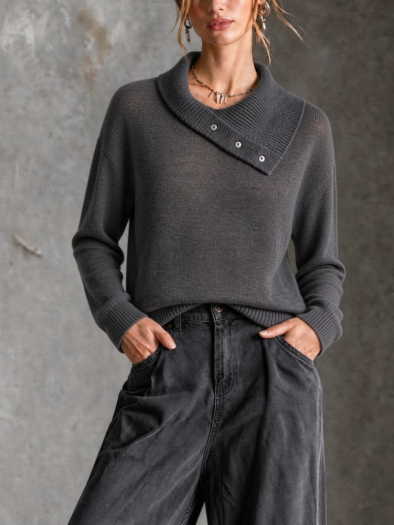 Women's Dark Grey Solid Asymmetric Button Shawl Collar Long Sleeve Sweater