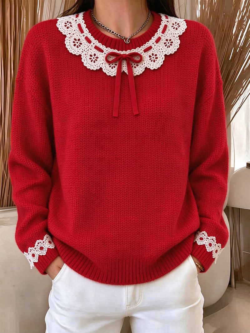 Women's Red Lace Bow Round Neck Long Sleeve Sweater