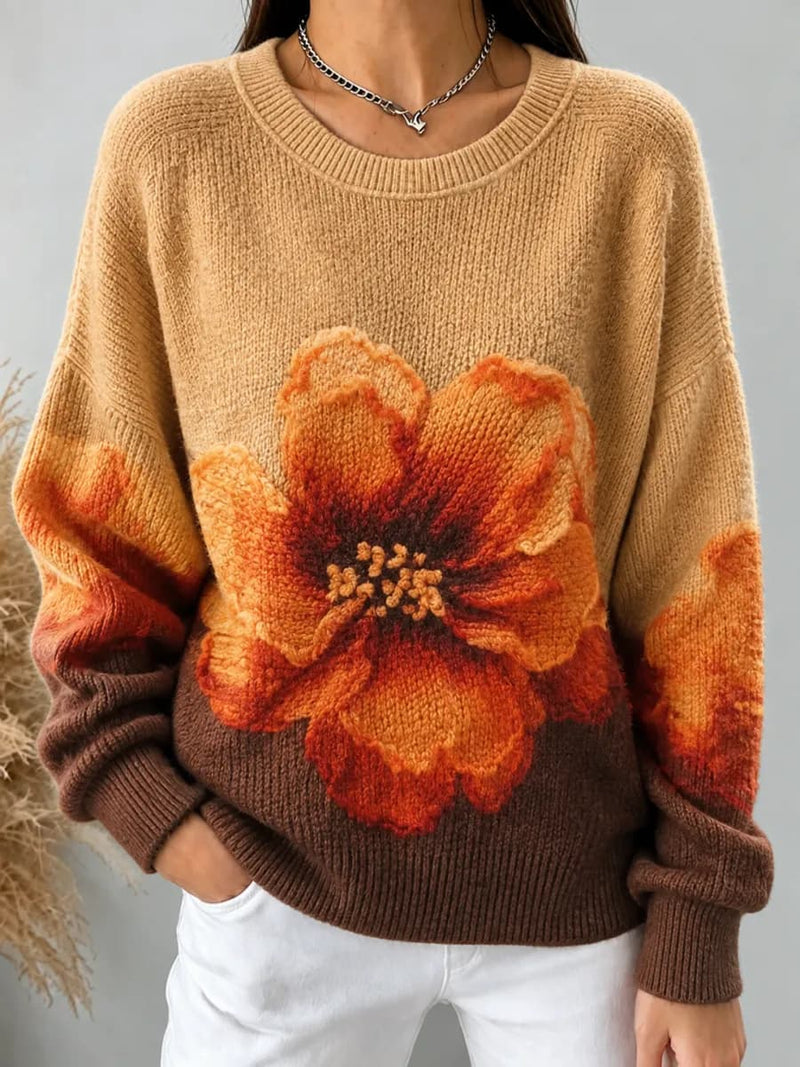 Women's Camel Brown Gradient Large Floral Print Round Neck Long Sleeve Sweater