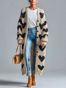 Women's Beige Black Heart Print Open Front Long Sleeve Maxi Cardigan