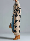 Women's Beige Black Heart Print Open Front Long Sleeve Maxi Cardigan