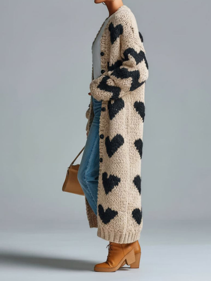 Women's Beige Black Heart Print Open Front Long Sleeve Maxi Cardigan