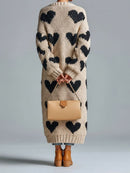 Women's Beige Black Heart Print Open Front Long Sleeve Maxi Cardigan