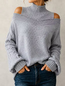Women's Grey Cold Shoulder Cable High Neck Long Sleeve Sweater