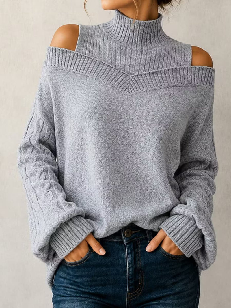 Women's Grey Cold Shoulder Cable High Neck Long Sleeve Sweater