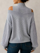 Women's Grey Cold Shoulder Cable High Neck Long Sleeve Sweater