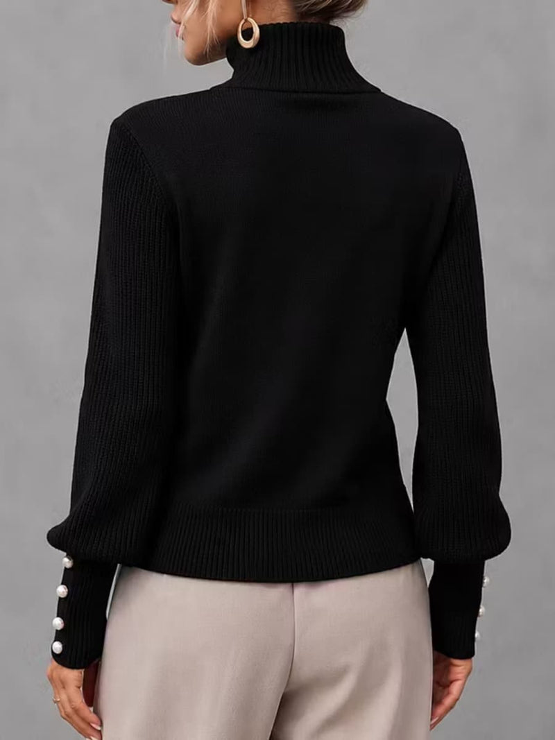 Women's Black High Neck Puff Long Sleeve Sweater