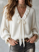 Women's White Bow Tie Ruffle V Neck Long Sleeve Sweater