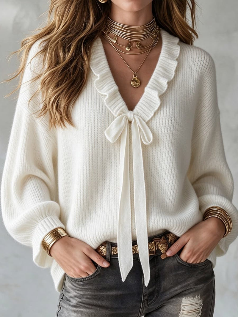 Women's White Bow Tie Ruffle V Neck Long Sleeve Sweater