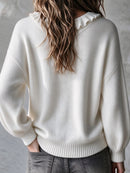 Women's White Bow Tie Ruffle V Neck Long Sleeve Sweater