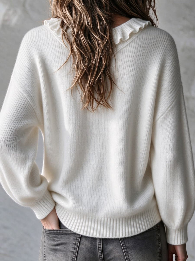 Women's White Bow Tie Ruffle V Neck Long Sleeve Sweater